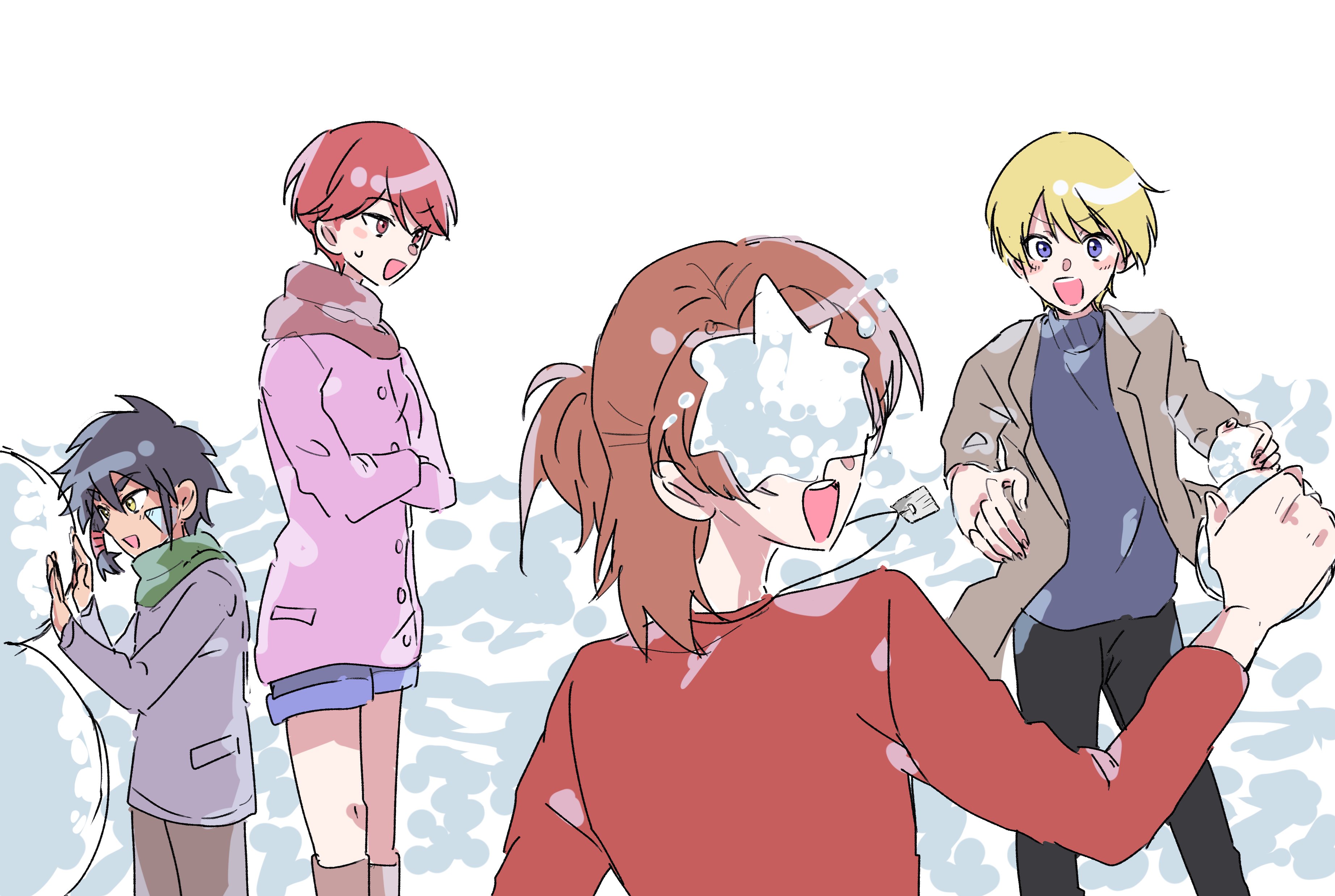 gotm tknr, daimon masaru (digimon savers), fujieda yoshino, thoma h. norstein, digimon, digimon savers, 1girl, 2boys, happy, looking at another, multiple boys, short hair, snow, snowman