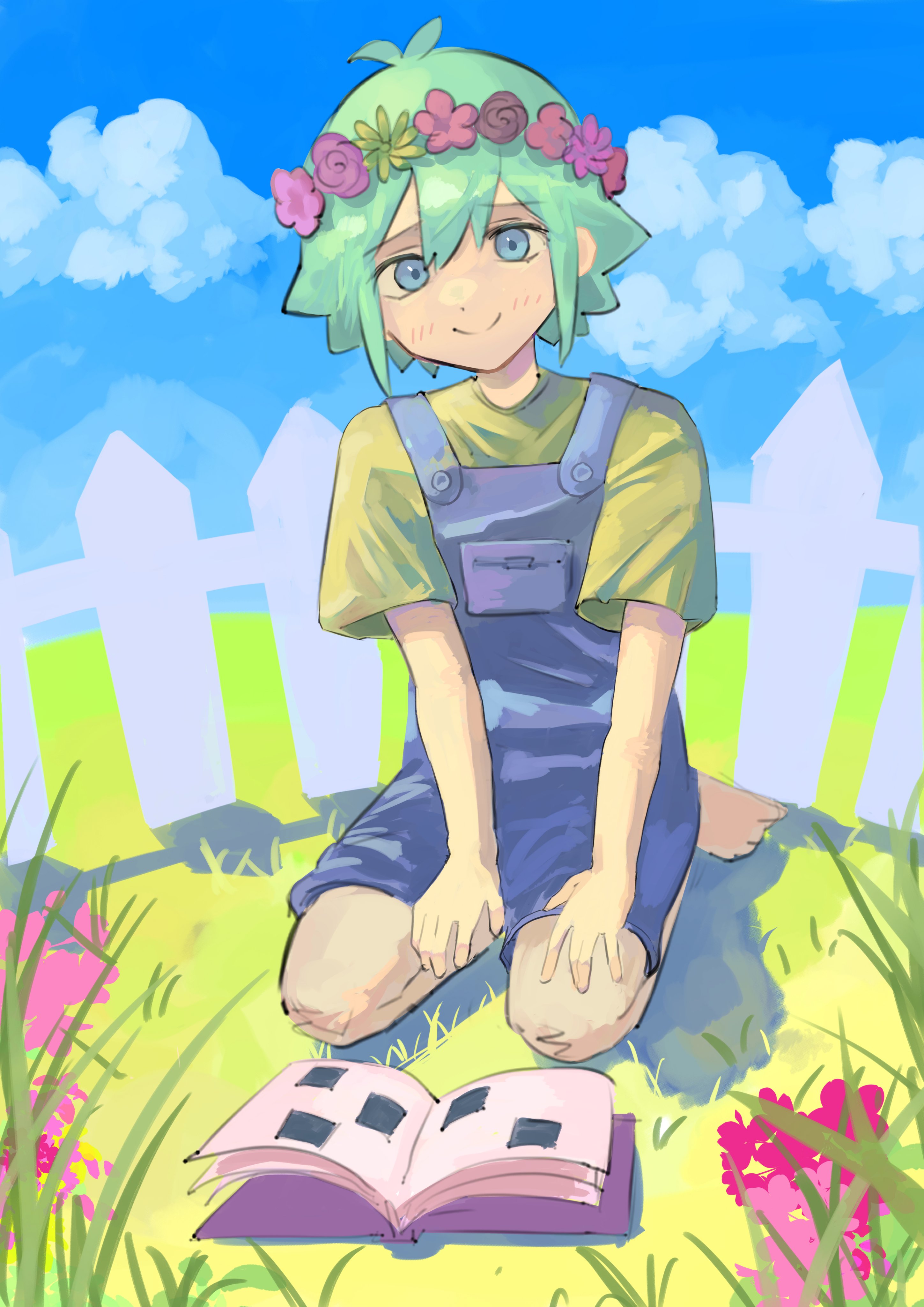 omore47858045, basil (headspace) (omori), basil (omori), omori, absurdres, commentary, hashtag-only commentary, highres, 1boy, antenna hair, barefoot, blue overalls, blush, book, closed mouth, colored skin, day, double-parted bangs, fence, flower, flower wreath, green eyes, green hair, green shirt, hair between eyes, hands on own legs, head wreath, looking at viewer, male focus, open book, outdoors, overall shorts, overalls, picket fence, scrapbook, seiza, shirt, short hair, sidelocks, sitting, smile, solo, t-shirt, white skin, wooden fence