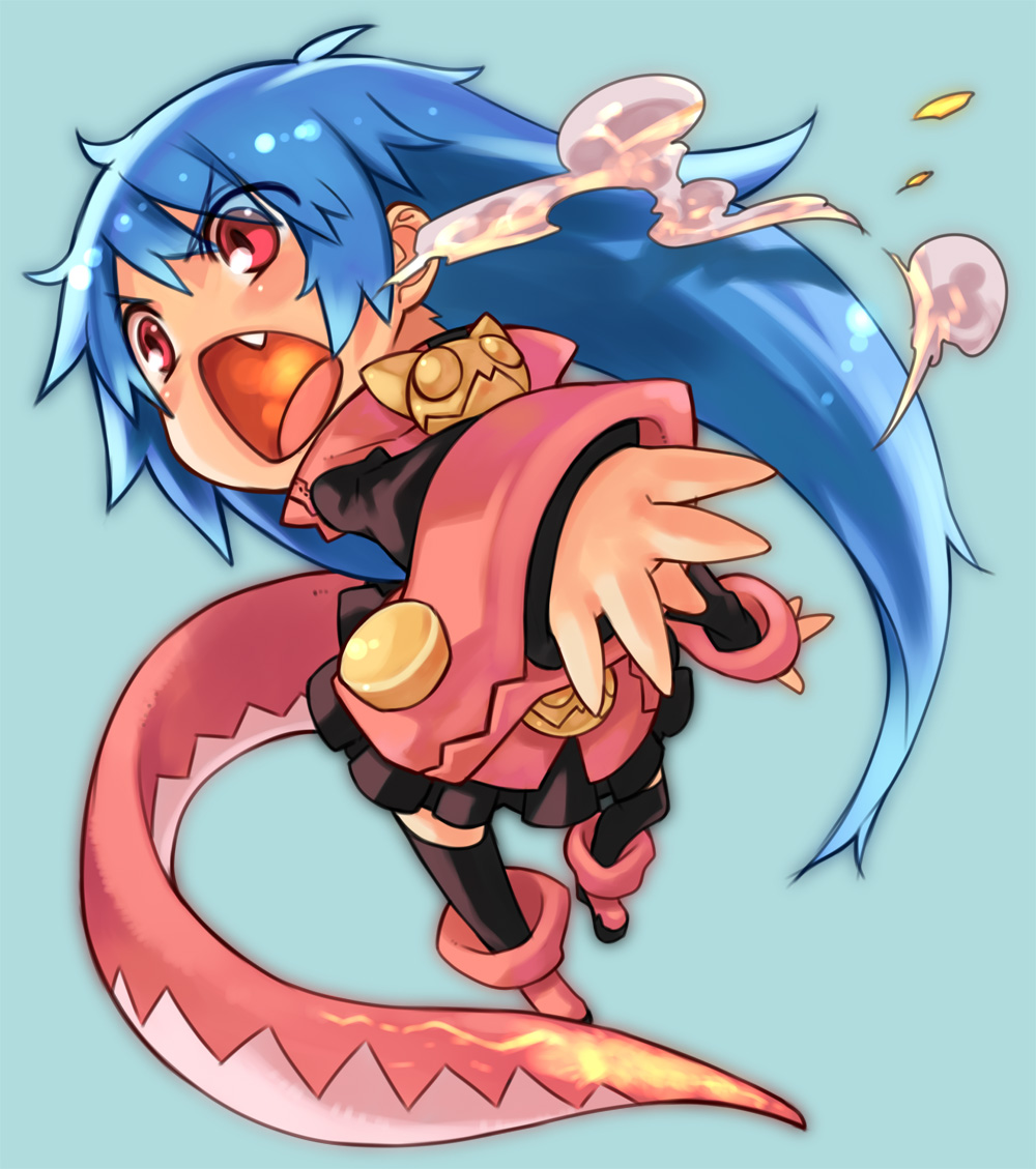 rumie, tiona, original, 1girl, blue hair, blush, boots, dragon tail, fang, female focus, fire, long hair, monster girl, pink boots, red eyes, skirt, smoke, solo, tail, thighhighs