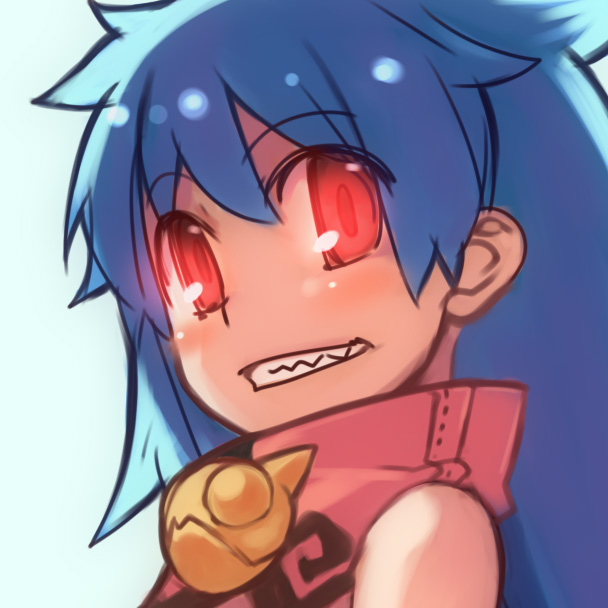 rumie, tiona, original, blue hair, blush, close-up, fangs, glowing, glowing eyes, grin, long hair, red eyes, smile, solo