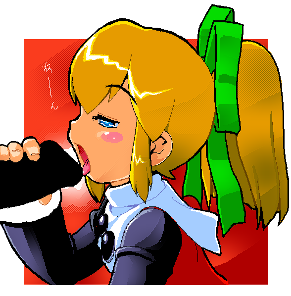 agaa (masatu), roll (mega man), capcom, mega man (classic), mega man (series), 1boy, 1girl, blonde hair, blue eyes, blush, censored, fellatio, hetero, loli, open mouth, oral, penis, ribbon, solo focus, tongue