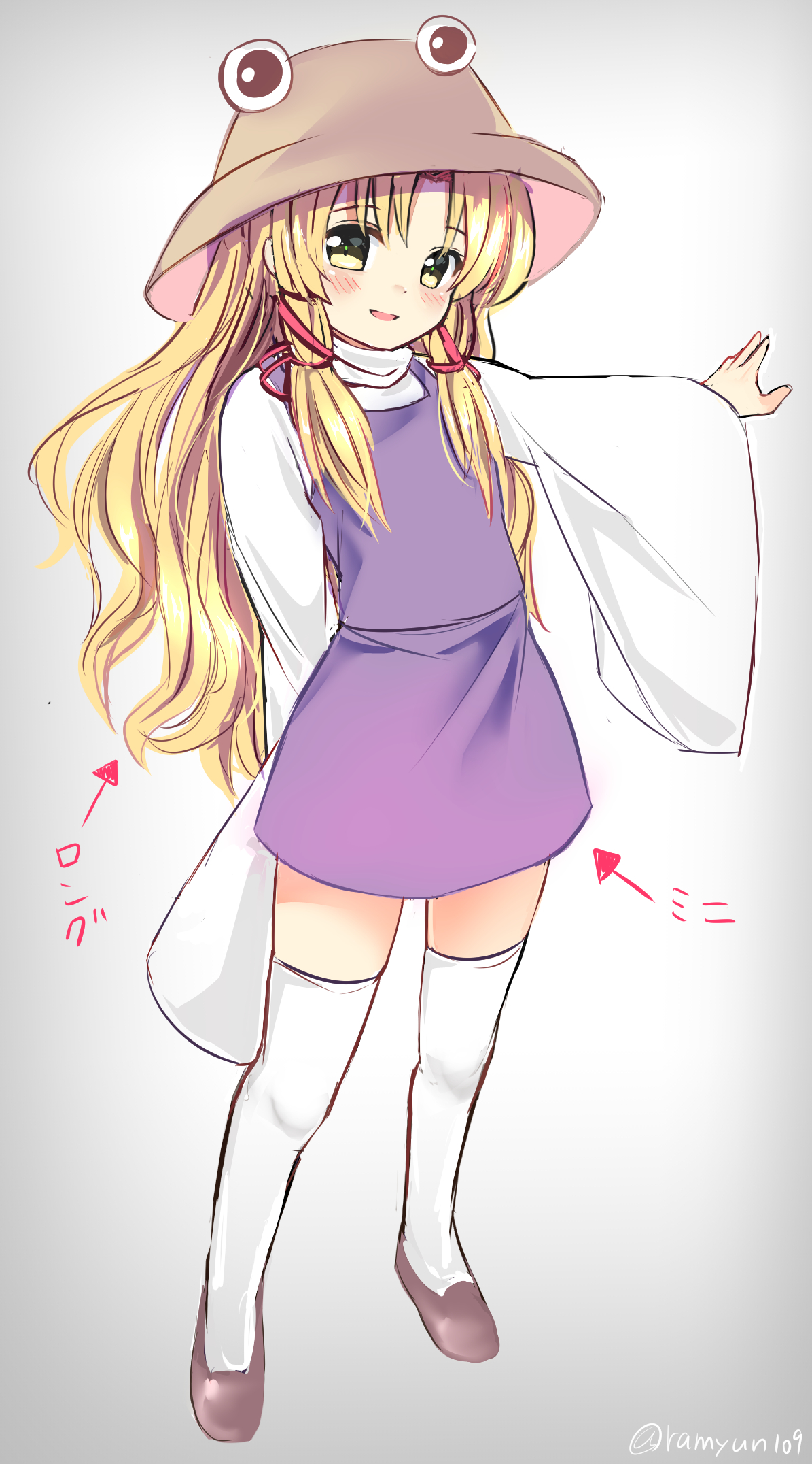 ramudia (lamyun), moriya suwako, touhou, commentary request, highres, translation request, 1girl, :d, alternate hair length, alternate hairstyle, blonde hair, brown hair, full body, hair ribbon, long hair, long sleeves, looking at viewer, open mouth, purple skirt, purple vest, red ribbon, ribbon, shirt, skirt, sleeves past fingers, sleeves past wrists, smile, solo, standing, thighhighs, tress ribbon, very long hair, vest, white background, white shirt, white thighhighs, wide sleeves, yellow eyes