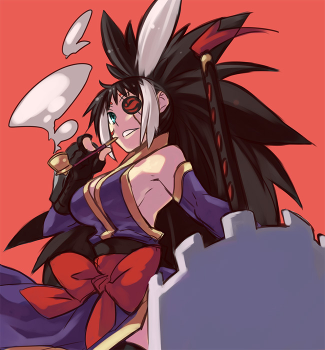 rumie, 1girl, aqua eyes, armor, black hair, breasts, elbow gloves, eyepatch, female focus, gloves, huge weapon, japanese clothes, kiseru, large breasts, long hair, multicolored hair, sideboob, smoke, smoking, smoking pipe, solo, weapon