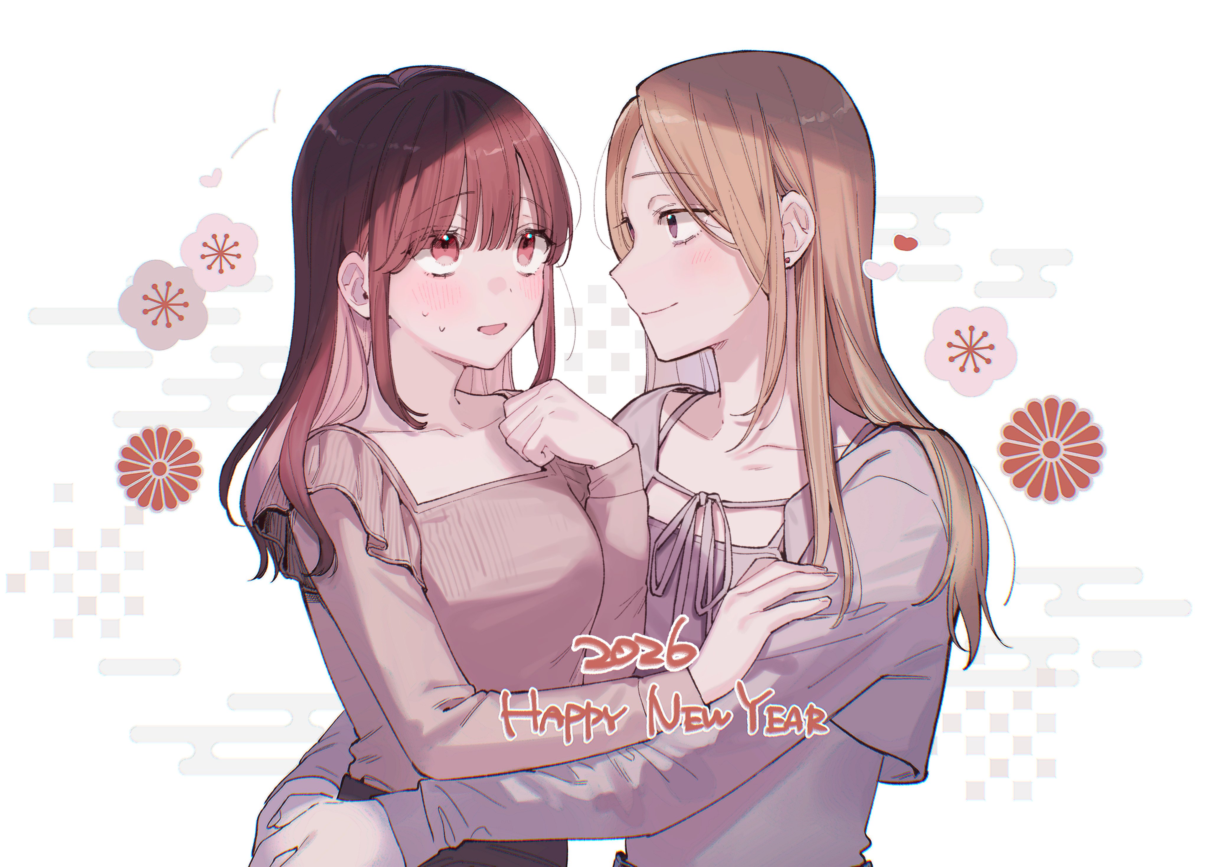 orreo ssk, original, absurdres, commentary request, highres, 2026, 2girls, arms around waist, blush, brown eyes, brown hair, closed mouth, eye contact, grey shirt, hand on another's head, happy new year, long hair, looking at another, multiple girls, new year, parted lips, pink eyes, red eyes, shirt, smile, sweat, white background, yuri