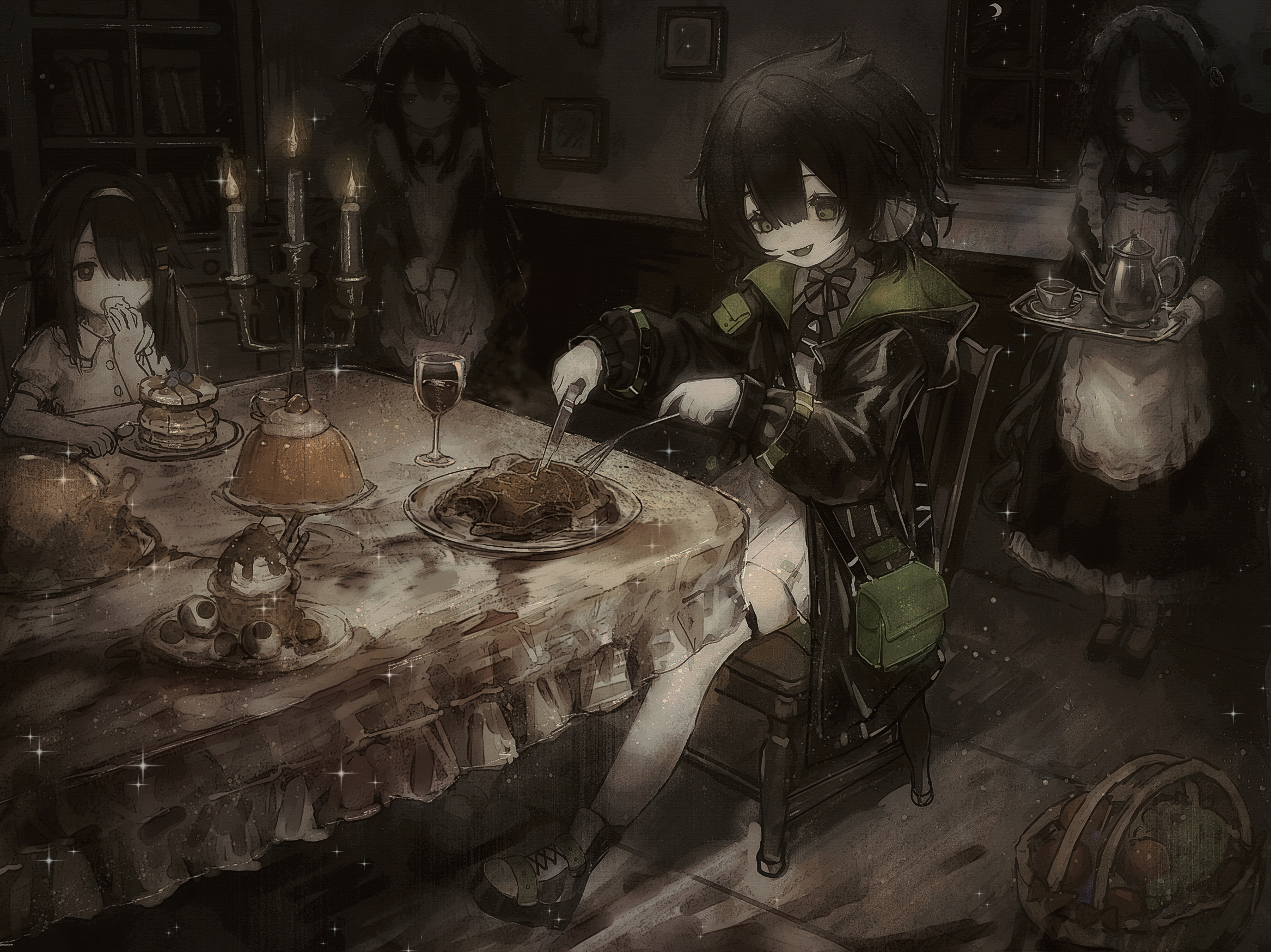 hezaizhou, original, highres, 4girls, black hair, black jacket, candlestand, chair, cup, dark, drinking glass, eating, food, hair over one eye, holding, holding tray, jacket, meat, multiple girls, on chair, open clothes, open jacket, pancake, pancake stack, scenery, sitting, standing, table, tablecloth, tray, wine glass