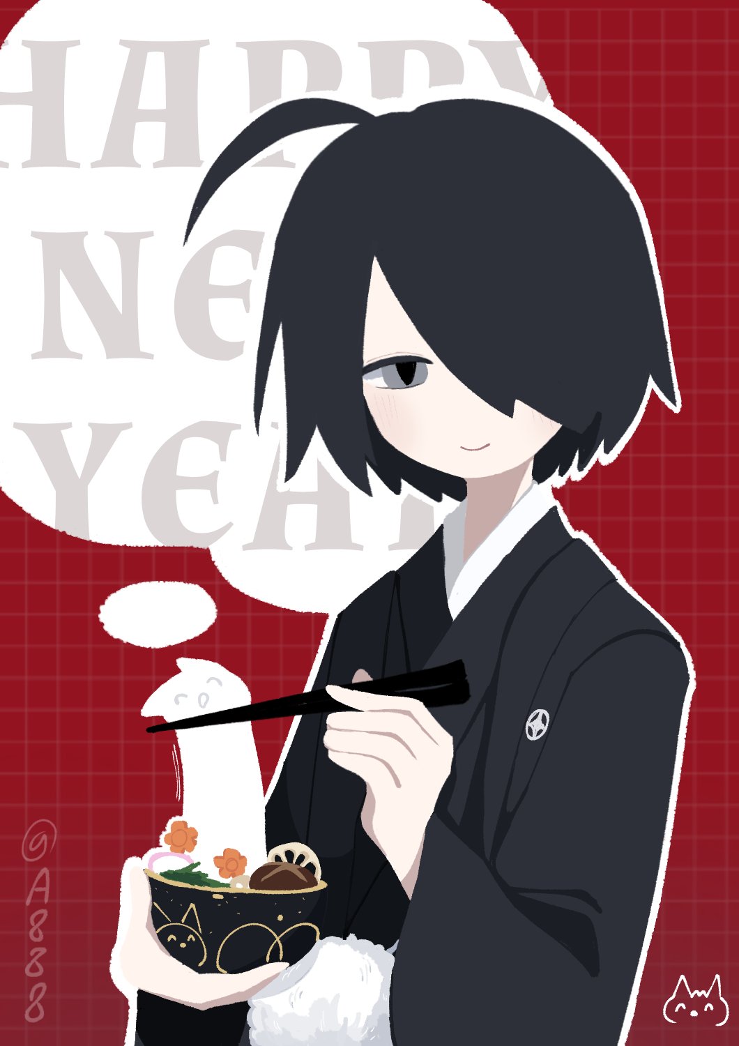 awawah88, kurai shinya, funamusea, mogeko castle, highres, 1boy, ahoge, black hair, black kimono, bowl, chopsticks, closed mouth, food, grey eyes, grid background, hair over one eye, happy new year, holding, holding chopsticks, huge ahoge, japanese clothes, kimono, looking at viewer, mogeko (species), new year, outline, red background, short hair, smile, solo, upper body, watermark, white outline