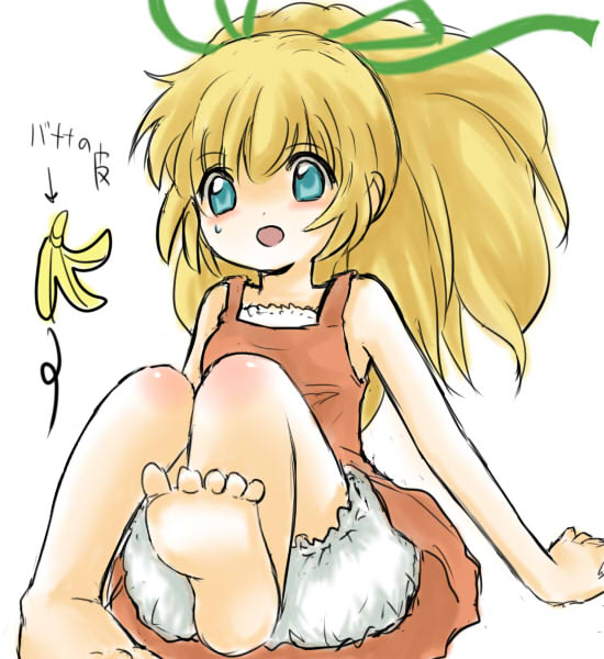 korropan, roll (mega man), capcom, mega man (classic), mega man (series), bad id, bad pixiv id, translated, 1girl, bad anatomy, bad feet, banana peel, barefoot, blonde hair, bloomers, blue eyes, blush, child, dress, feet, female focus, long hair, open mouth, ponytail, poorly drawn, red skirt, ribbon, sitting, skirt, soles, solo, toes, underwear