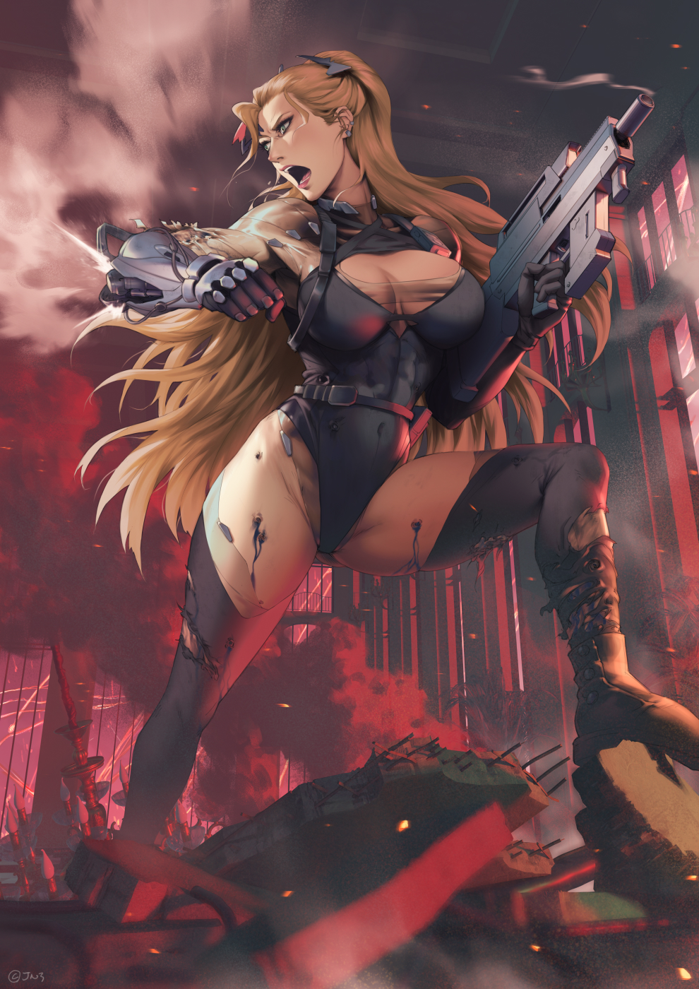 jn3, original, commentary, english commentary, highres, 1girl, abs, artist name, black leotard, blonde hair, boots, breasts, covered navel, gloves, green eyes, gun, holding, holding gun, holding weapon, large breasts, leotard, long hair, looking back, muscular, muscular female, open mouth, rubble, smoke, smoking barrel, solo, thick thighs, thighhighs, thighs, very long hair, weapon