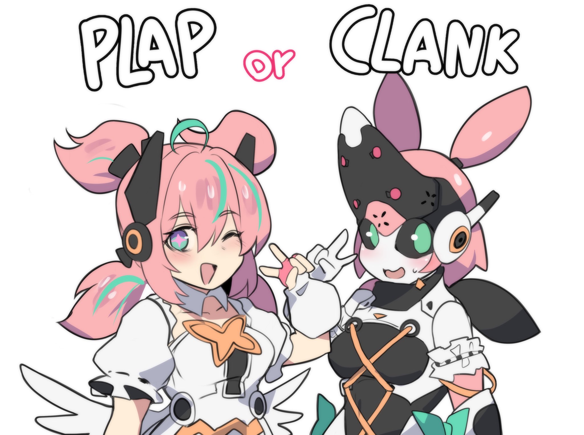 hinghoi, yutane johiel, zenless zone zero, highres, 2girls, angel wings, blue eyes, blush, collarbone, green eyes, green hair, humanoid robot, joints, looking at viewer, mechanical arms, multicolored hair, multiple girls, one eye closed, open mouth, pink hair, pink skirt, plap, robot, robot ears, robot girl, robot joints, short hair, skirt, solo, twitter username, v, wings