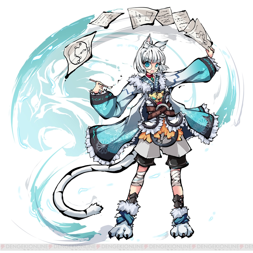 ms06s, official art, second-party source, 1boy, animal ear fluff, animal ears, bandaged leg, bandages, belt, blue eyes, byakko (himegami kagura), calligraphy brush, choker, full body, glasses, hakama, hakama pants, haori, himegami kagura, holding, holding calligraphy brush, holding paintbrush, holding paper, japanese clothes, kimono, knee guards, long sleeves, looking at viewer, motion lines, open mouth, outstretched arm, paintbrush, pants, paper, paw shoes, red choker, simple background, solo, standing, tachi-e, tail, teeth, tiger ears, tiger tail, trap, upper teeth only, v-shaped eyebrows, watermark, white background, white hair, wide sleeves