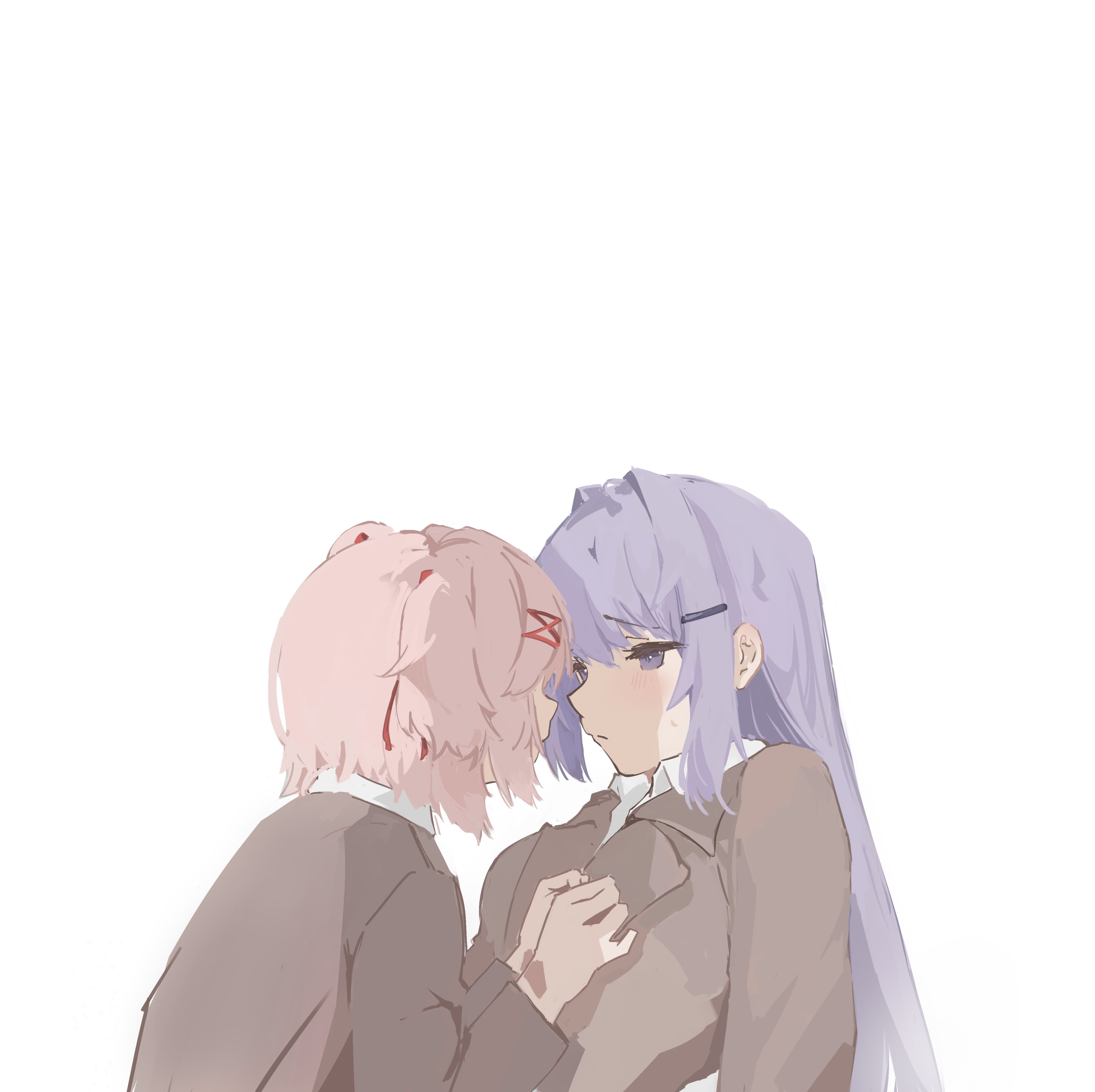 nnnnnanashiiii, natsuki (doki doki literature club), yuri (doki doki literature club), doki doki literature club, absurdres, commentary, english commentary, highres, 2girls, blazer, blush, brown jacket, closed mouth, jacket, long hair, multiple girls, pink hair, purple eyes, purple hair, school uniform, short hair, simple background, white background, yuri