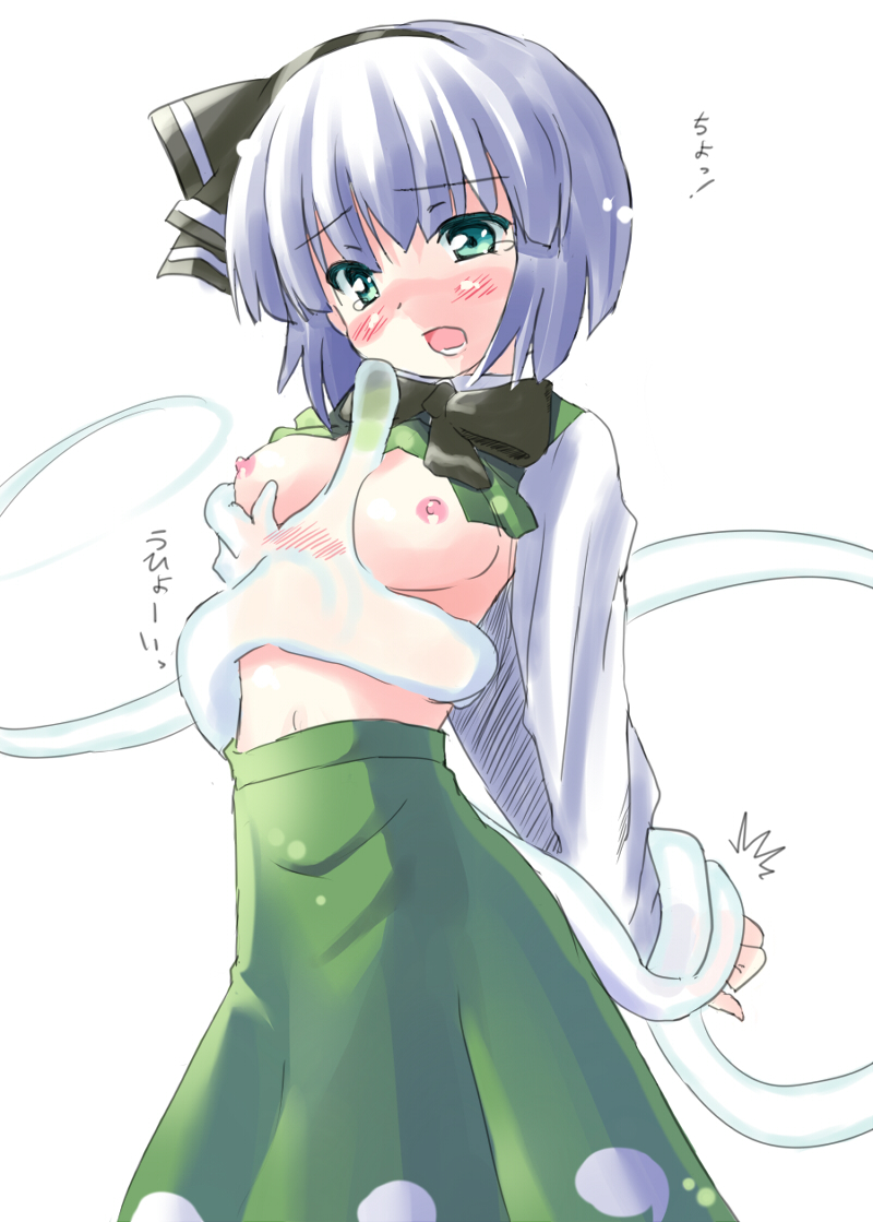 shiro tele cus, konpaku youmu, konpaku youmu (ghost), touhou, silver hair, 1girl, bdsm, black ribbon, blush, bondage, bound, bound wrists, breasts, female focus, ghost, grabbing another's breast, grabbing own breast, green eyes, green vest, groping, hair between eyes, hairband, medium breasts, navel, nipples, no bra, open mouth, restrained, ribbon, selfcest, short hair, skirt, skirt set, solo, tears, torn clothes, vest