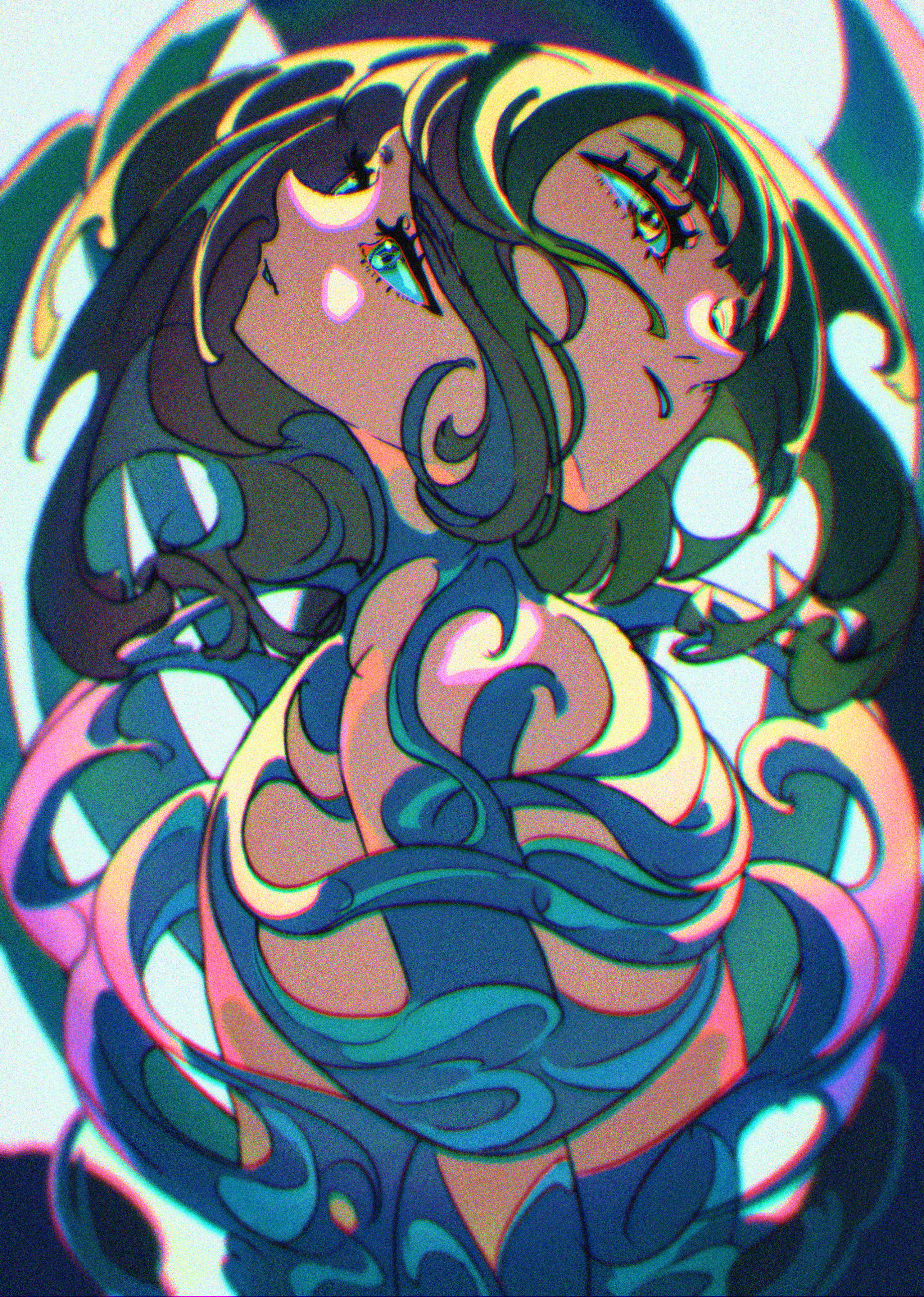 umiushi (di6), original, absurdres, highres, tagme, 2girls, from side, green hair, long hair, multiple girls, parted lips, upper body