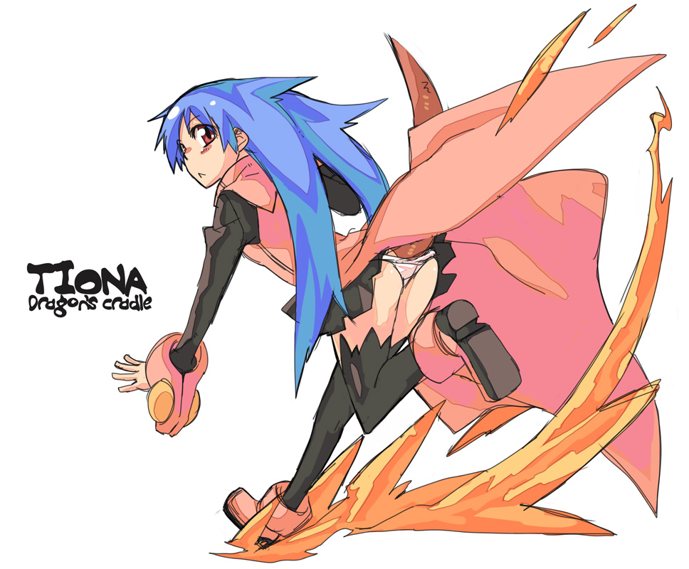 dragonmaterial, rumie, tiona, original, 1girl, :<, ass, blue hair, blush, boots, female focus, fire, long hair, looking back, monster girl, panties, pink boots, red eyes, running, solo, thighhighs, underwear
