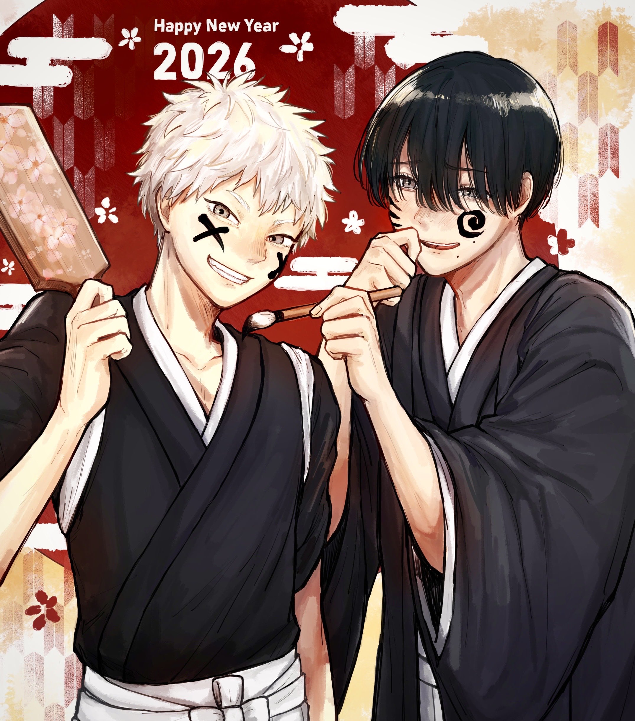 indou hikaru, tsujinaka yoshiki, hikaru ga shinda natsu, absurdres, commentary request, highres, 2026, 2boys, alternate costume, black hair, body writing, egasumi, grey eyes, grin, happy, happy new year, japanese clothes, komedaaa cof8, looking at viewer, male focus, mole, mole on cheek, mole under eye, mole under mouth, multiple boys, multiple moles, new year, paddle, short eyebrows, short hair, slit pupils, smile, teeth, upper body, white hair, yagasuri