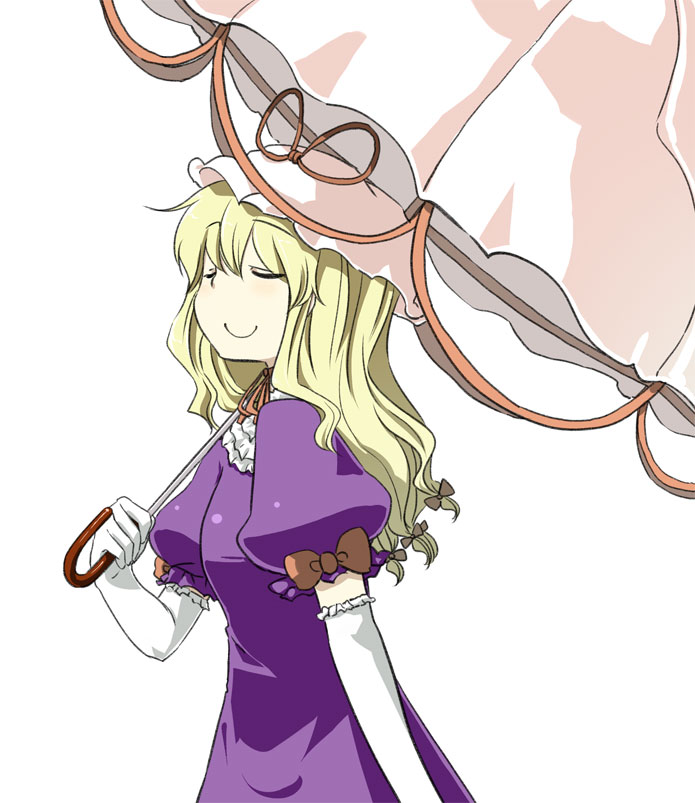 hota, yakumo yukari, touhou, 1girl, alternate hair length, alternate hairstyle, blonde hair, bow, choker, closed eyes, dress, elbow gloves, female focus, gloves, hair ribbon, hat, hat ribbon, medium hair, mob cap, puffy short sleeves, puffy sleeves, purple dress, red bow, red ribbon, ribbon, ribbon choker, short sleeves, simple background, smile, solo, umbrella, white background, white hat