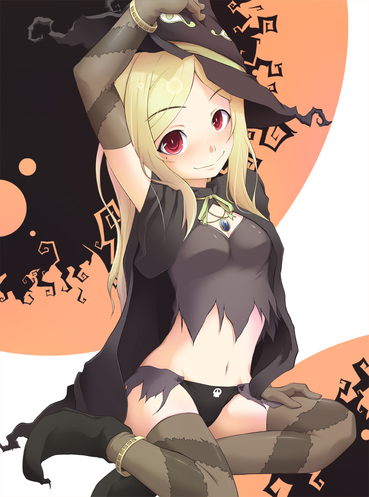 saji, original, 1girl, blonde hair, cape, female focus, hat, jewelry, midriff, necklace, red eyes, solo, thighhighs, witch, witch hat