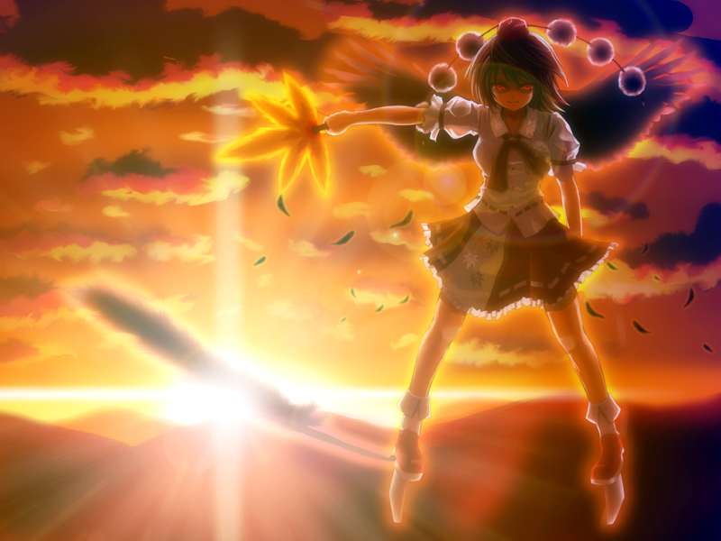 hyuuga azuri, shameimaru aya, touhou, light, 1girl, black wings, blurry, cloud, depth of field, feathers, female focus, flying, geta, hat, looking at viewer, mountain, red eyes, shaded face, short hair, sky, smirk, solo, sunset, tengu-geta, wings