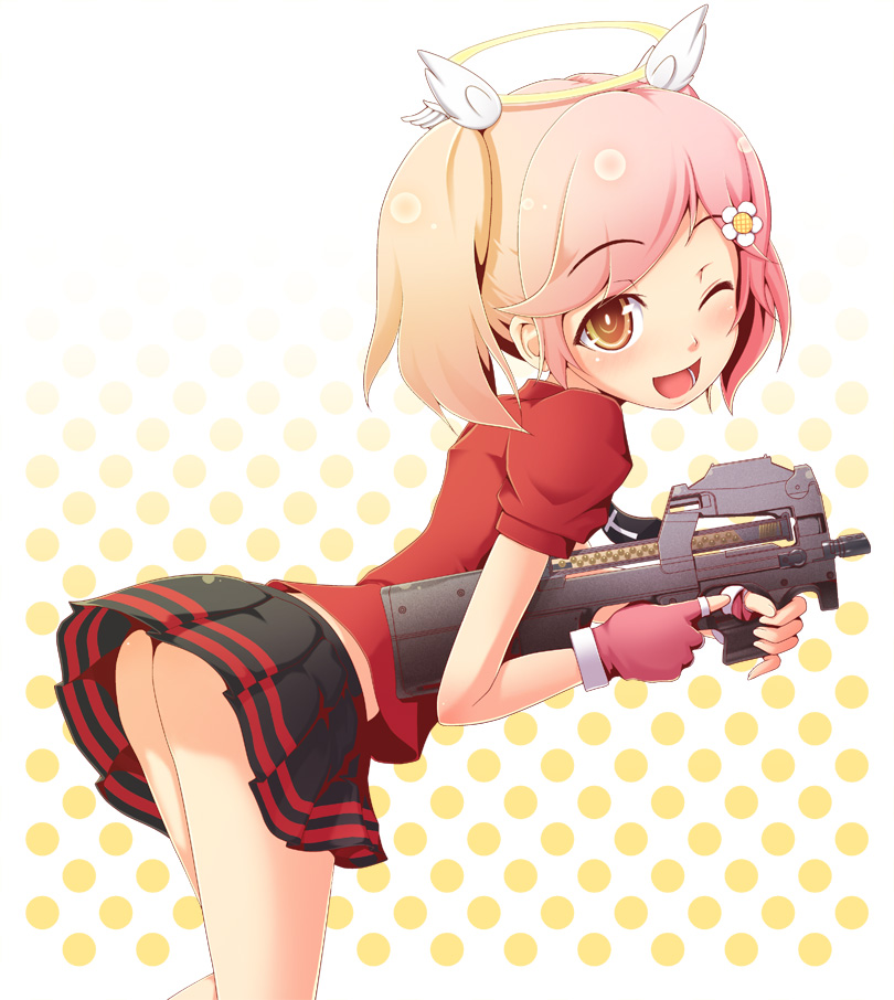 saji, paper man, 1girl, ass, bent over, blush, bullpup, female focus, fingerless gloves, flower, gloves, gun, hair flower, hair ornament, halo, horizontal magazine, miniskirt, no panties, one eye closed, open mouth, p90, panties, personal defense weapon, pink hair, pleated skirt, red panties, see-through clothes, skirt, smile, solo, submachine gun, translucent, underwear, upskirt, weapon, wings, wink, yellow eyes
