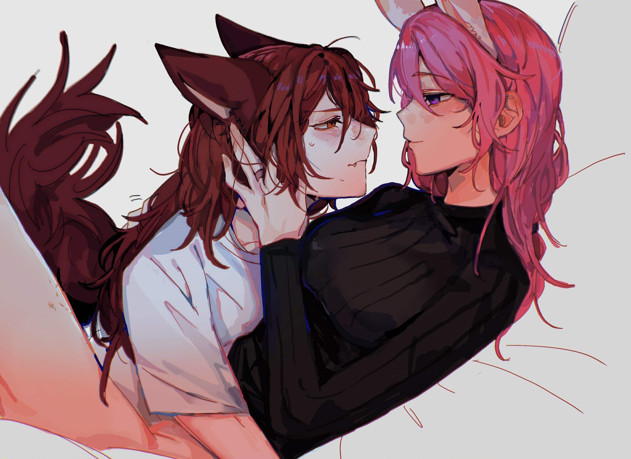 kid sppinarl, jinx (league of legends), lux (league of legends), star guardian (league of legends), star guardian jinx, star guardian lux, league of legends, commentary, english commentary, highres, 2girls, animal ears, between legs, bite mark, bite mark on thigh, black sweater, blush, eye contact, fang, jewelry, kemonomimi mode, looking at another, multiple girls, pink hair, purple eyes, red eyes, red hair, ring, shirt, sweat, sweater, white shirt, wolf ears, yuri