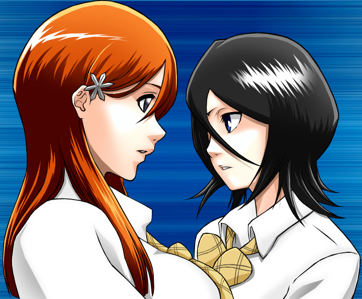 inoue orihime, kuchiki rukia, bleach, 00s, black hair, eye contact, looking at another, orange hair