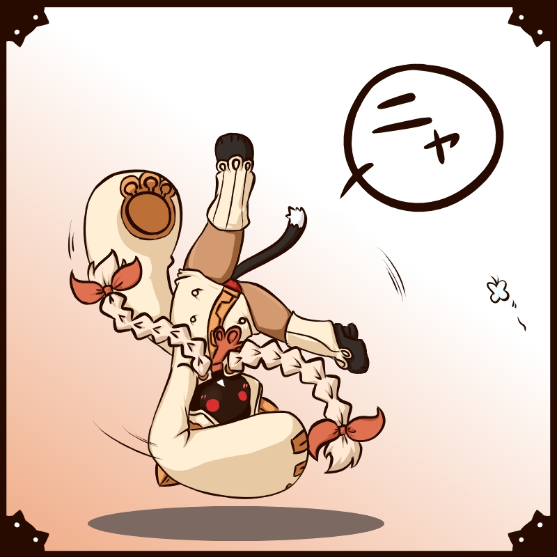 fuugetsu oreha ikiru, taokaka, arc system works, blazblue, animal ears, blonde hair, braid, cat ears, cat tail, chibi, dark-skinned female, dark skin, panties, red eyes, red panties, ribbon, shadow, solo, tail, twin braids, underwear, upside-down