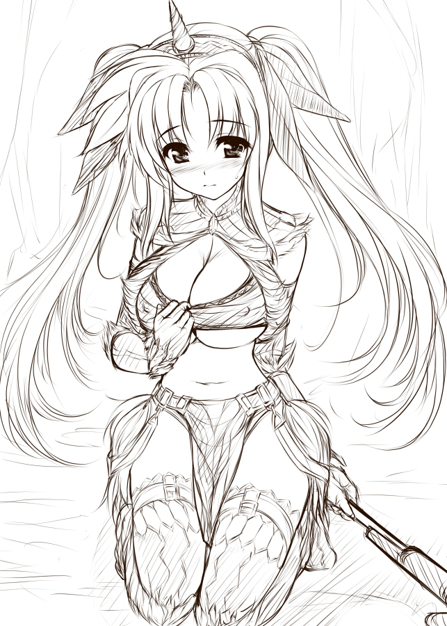 uni8, bardiche (nanoha), fate testarossa, capcom, lyrical nanoha, mahou shoujo lyrical nanoha, monster hunter (series), 1girl, blush, breasts, cleavage, cosplay, female focus, greyscale, horns, kirin (armor), kirin (cosplay), kneeling, large breasts, long hair, monochrome, single horn, sketch, solo, thighhighs, twintails, underboob