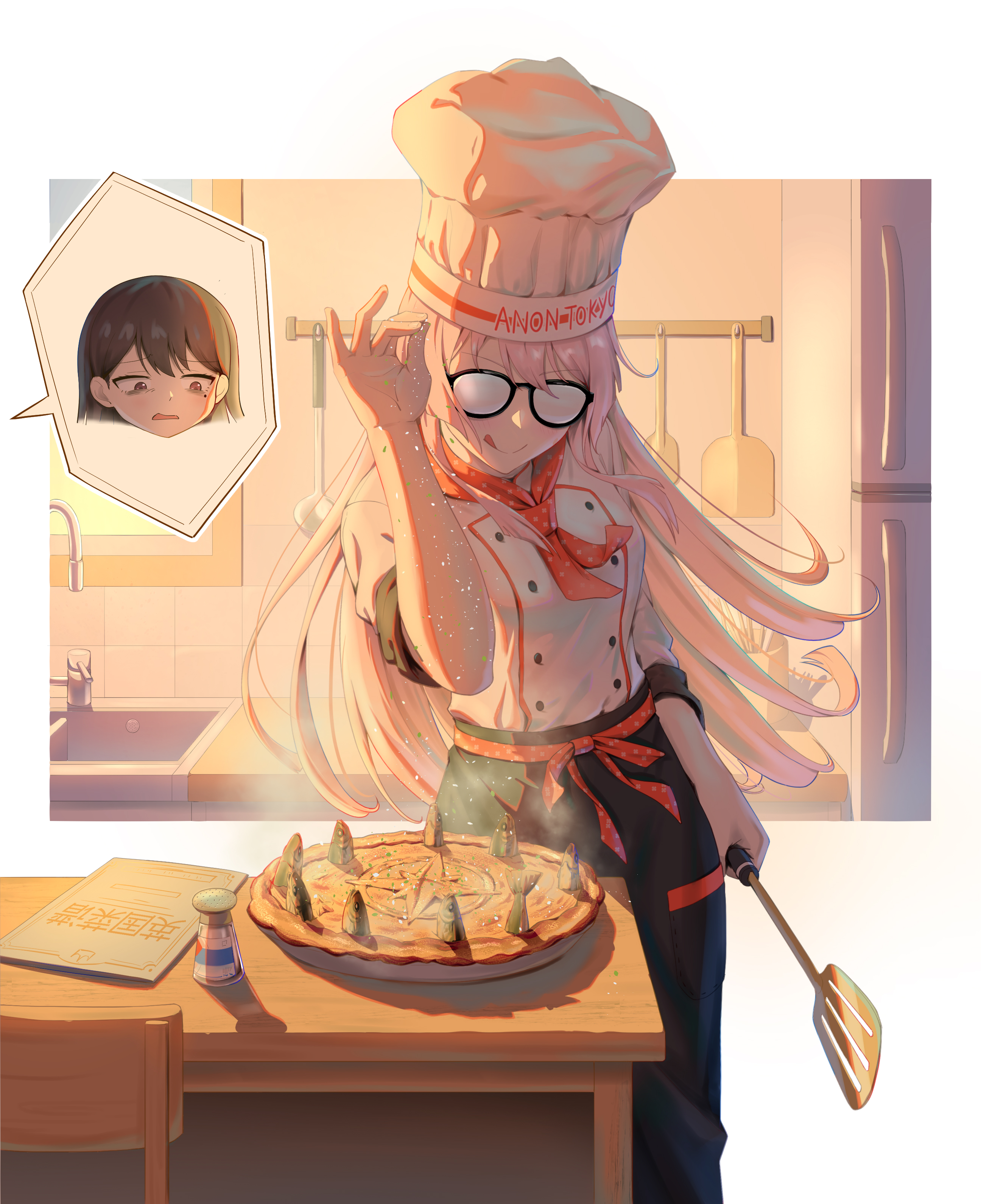 anglediana, chihaya anon, shiina taki, bang dream!, bang dream! it's mygo!!!!!, absurdres, highres, 2girls, black hair, breasts, chef hat, food, glasses, hat, kitchen, long hair, medium breasts, meme, multiple girls, pink hair, purple eyes, salt bae (meme), salt shaker, sardine, spatula, table, white background