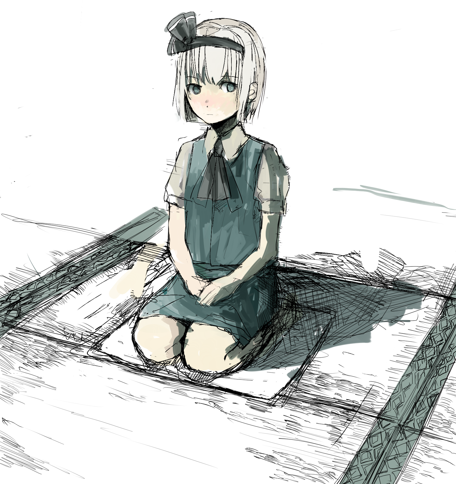 un-known (ninesix), konpaku youmu, touhou, looking away, bad id, bad pixiv id, highres, 1girl, cushion, female focus, seiza, sitting, sitting on pillow, sketch, solo, tatami