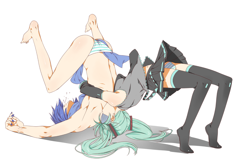 ushi (newrein), hatsune miku, kaito (vocaloid), vocaloid, bad id, bad pixiv id, 1boy, 1girl, arched back, barefoot, blue hair, blue nails, blue scarf, detached sleeves, german suplex, legs, long hair, nail polish, necktie, panties, pantyshot, scarf, shaded face, simple background, skirt, striped clothes, striped panties, suplex, thighhighs, twintails, underwear, upskirt, zettai ryouiki