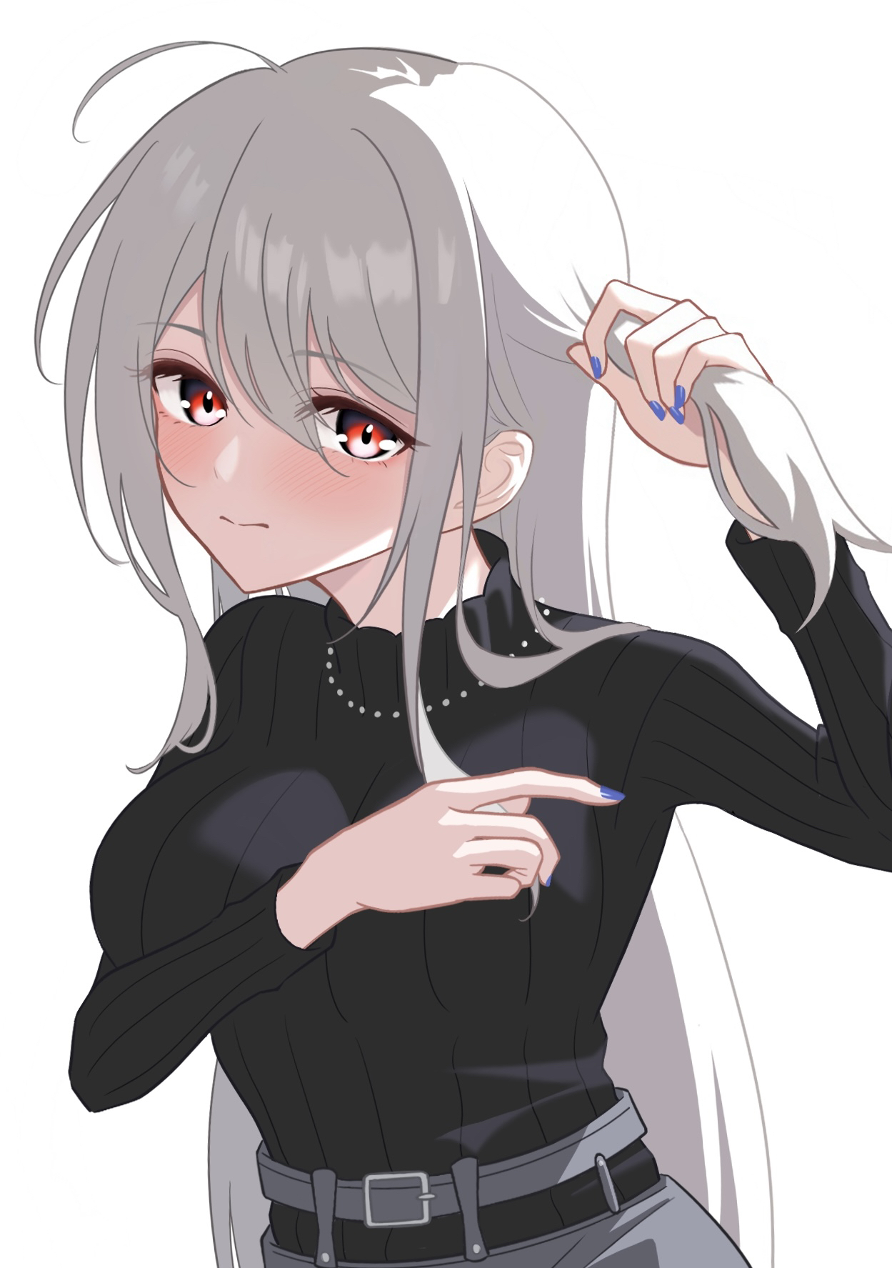 aruku (arukunights), skadi (arknights), skadi (the next afternoon tea) (arknights), arknights, commentary request, highres, partial commentary, 1girl, black sweater, blush, breasts, closed mouth, fingernails, grey hair, hair between eyes, holding, holding own hair, jewelry, long hair, long sleeves, looking at viewer, medium breasts, nail polish, necklace, official alternate costume, purple nails, red eyes, ribbed sleeves, ribbed sweater, simple background, solo, sweater, turtleneck, turtleneck sweater, white background