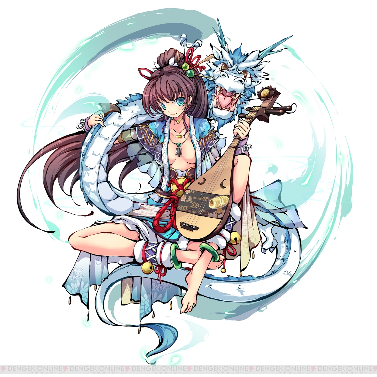 ms06s, highres, official art, second-party source, 1girl, anklet, bell, benzaiten (himegami kagura), biwa lute, blue eyes, blue skirt, breasts, brown hair, closed mouth, dragon, eastern dragon, full body, hair ornament, high ponytail, himegami kagura, holding, holding instrument, indian style, instrument, japanese clothes, jewelry, kanzashi, kimono, large breasts, long hair, lute (instrument), necklace, open clothes, open kimono, ponytail, simple background, sitting, skirt, smile, solo, tachi-e, underbust, watermark, white background