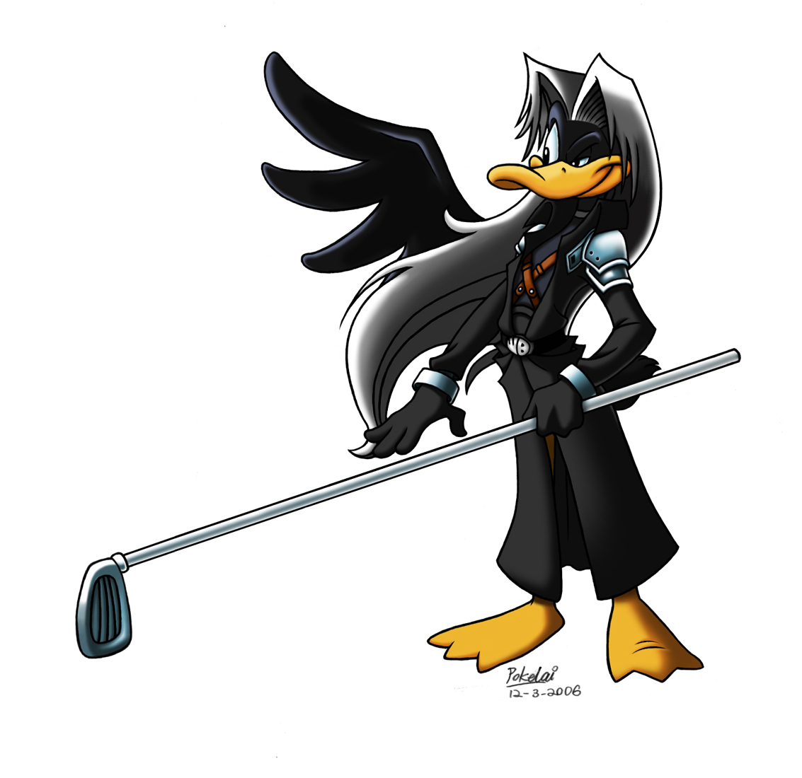 daffy duck, sephiroth, final fantasy, final fantasy vii, looney tunes, silver hair, cosplay, golf club, long hair, parody, sephiroth (cosplay), single wing, weapon, wings