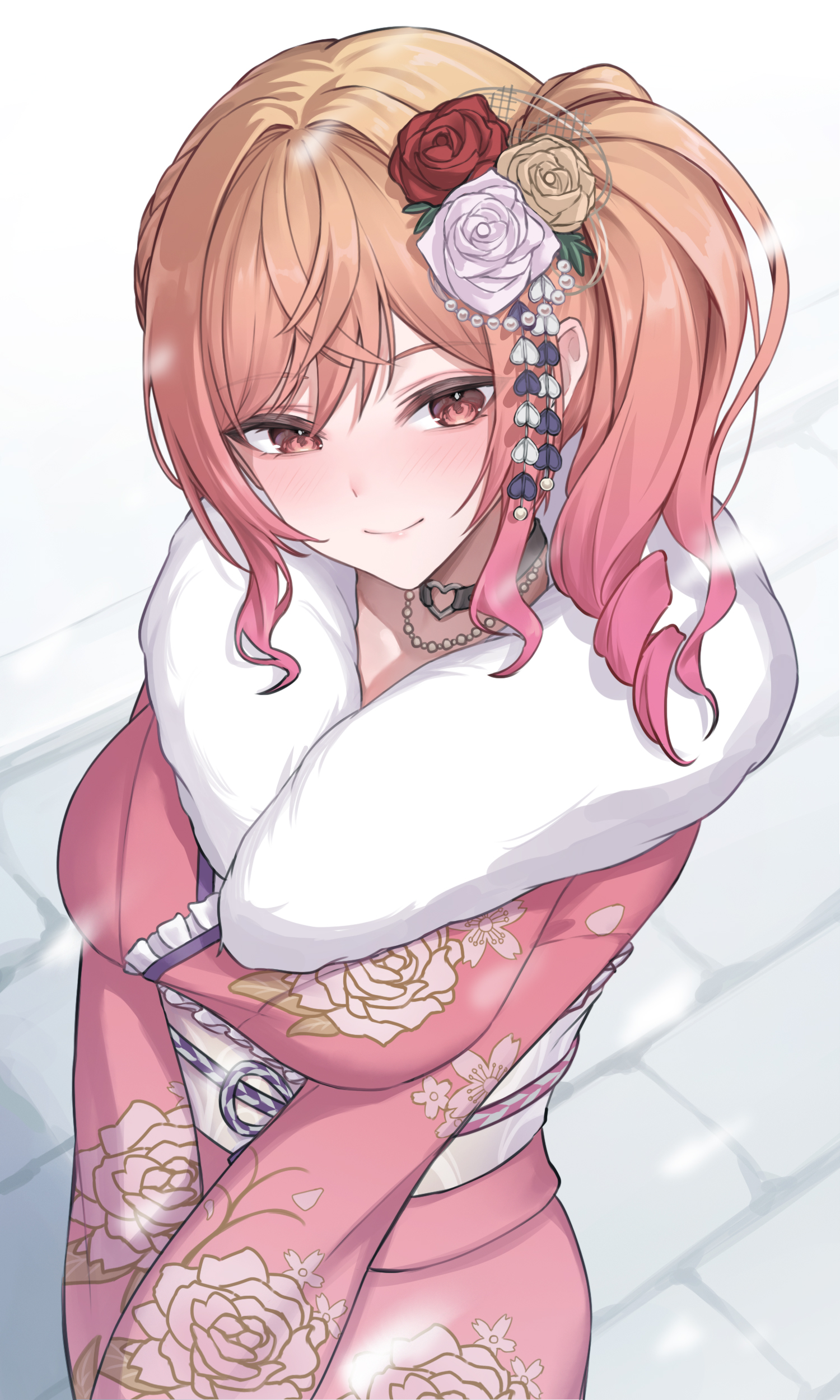 steelball (jwk76806995), ichijou ririka, hololive, hololive dev is, absurdres, commentary, highres, 1girl, breasts, choker, closed mouth, floral print, floral print kimono, flower, fur shawl, gradient hair, hair flower, hair ornament, heart, heart o-ring, ichijou ririka (new year), japanese clothes, jewelry, kanzashi, kimono, large breasts, looking at viewer, medium hair, multicolored hair, necklace, o-ring, o-ring choker, obi, official alternate costume, official alternate hairstyle, orange eyes, orange hair, outdoors, pink hair, pink kimono, print kimono, sash, shawl, side ponytail, smile, snowing, solo, swept bangs, virtual youtuber