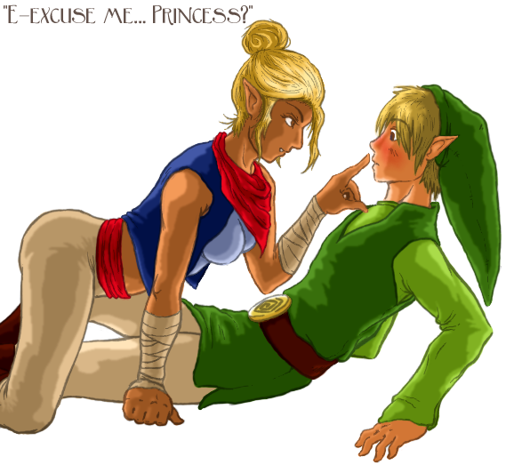 link, tetra, nintendo, the legend of zelda, the legend of zelda: the wind waker, artist request, 1boy, 1girl, aged up, bandages, blonde hair, blush, breasts, dark skin, finger to another's mouth, girl on top, hair bun, hat, neckerchief, open clothes, open vest, pirate, pointy ears, short hair, single hair bun, straddling, tunic, vest