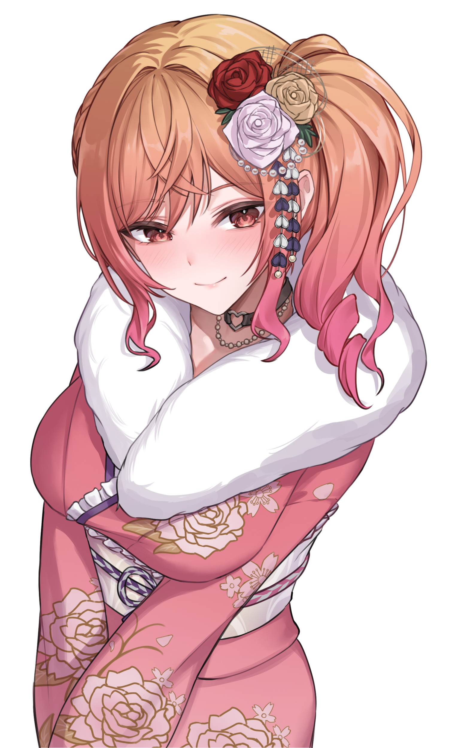 steelball (jwk76806995), ichijou ririka, hololive, hololive dev is, absurdres, commentary, highres, 1girl, breasts, choker, closed mouth, floral print, floral print kimono, flower, fur shawl, gradient hair, hair flower, hair ornament, heart, heart o-ring, ichijou ririka (new year), japanese clothes, jewelry, kanzashi, kimono, large breasts, looking at viewer, medium hair, multicolored hair, necklace, o-ring, o-ring choker, obi, official alternate costume, official alternate hairstyle, orange eyes, orange hair, pink hair, pink kimono, print kimono, sash, shawl, side ponytail, simple background, smile, solo, swept bangs, virtual youtuber, white background