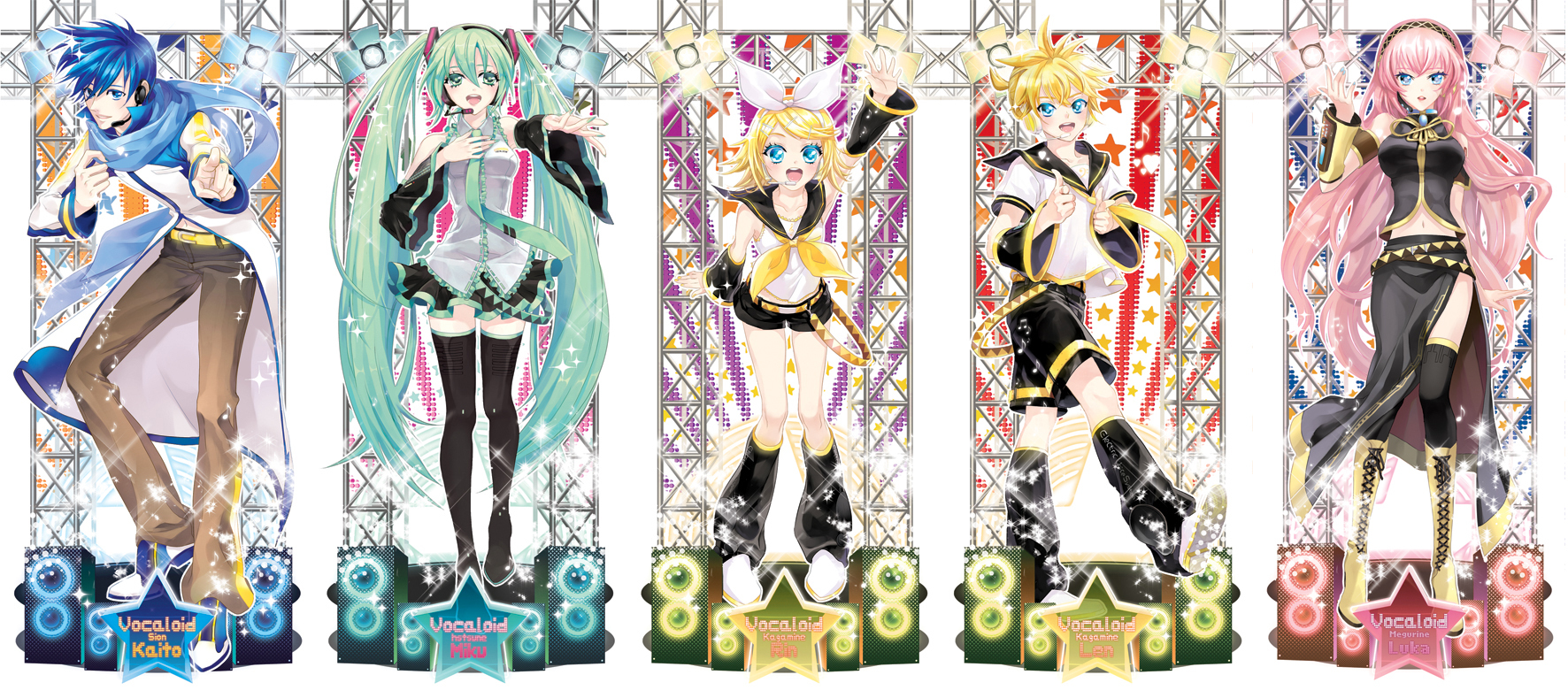 cocoon (loveririn), hatsune miku, kagamine len, kagamine rin, kaito (vocaloid), megurine luka, vocaloid, highres, 2boys, 3girls, blonde hair, blue eyes, blue hair, green eyes, hair ornament, hair ribbon, hairclip, headphones, legs, long hair, multiple boys, multiple girls, necktie, ponytail, ribbon, scarf, school uniform, serafuku, short hair, siblings, thighhighs, twins, twintails, zettai ryouiki