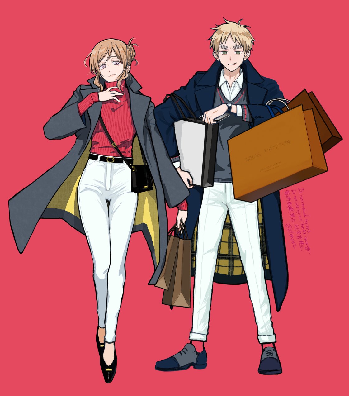2tenset, france (female) (hetalia), france (hetalia), united kingdom (hetalia), axis powers hetalia, commentary request, highres, 1boy, 1girl, bag, belt, black bag, black belt, black shoes, blonde hair, blue coat, blue shoes, brown bag, cellphone, closed mouth, coat, collared shirt, full body, genderswap, genderswap (mtf), green eyes, grey coat, grey shoes, grey sweater, hair bun, half-closed eyes, hand up, holding, holding bag, holding phone, lapels, long sleeves, looking at object, looking at viewer, looking down, multicolored shoes, open clothes, open coat, pants, phone, pink background, plaid clothes, plaid coat, purple eyes, red socks, red sweater, shirt, shoes, shopping bag, short hair, sidelocks, simple background, smartphone, smile, socks, standing, sweater, teeth, turtleneck, turtleneck sweater, two-sided coat, two-sided fabric, two-tone shoes, v-shaped eyebrows, watch, wavy hair, white bag, white pants, white shirt, wide sleeves, wristwatch, yellow coat