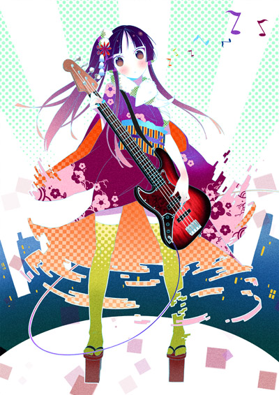 ushi (newrein), akiyama mio, k-on!, bad id, bad pixiv id, 00s, 1girl, bass guitar, blush, digital dissolve, female focus, fender (company), fender jazz bass, flip-flops, guitar, instrument, japanese clothes, kimono, sandals, side ponytail, solo, thighhighs, unmoving pattern, yukata