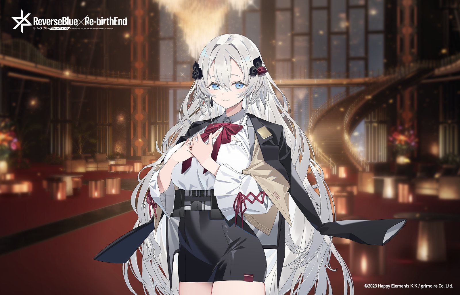 mk (masatusaboten), reverseblue x re-birthend, character request, highres, 1girl, black flower, black skirt, blue eyes, bow, bowtie, chandelier, closed mouth, copyright notice, flower, grey hair, hair flower, hair ornament, high-waist skirt, long hair, red bow, red bowtie, shirt, skirt, solo, stairs, white shirt