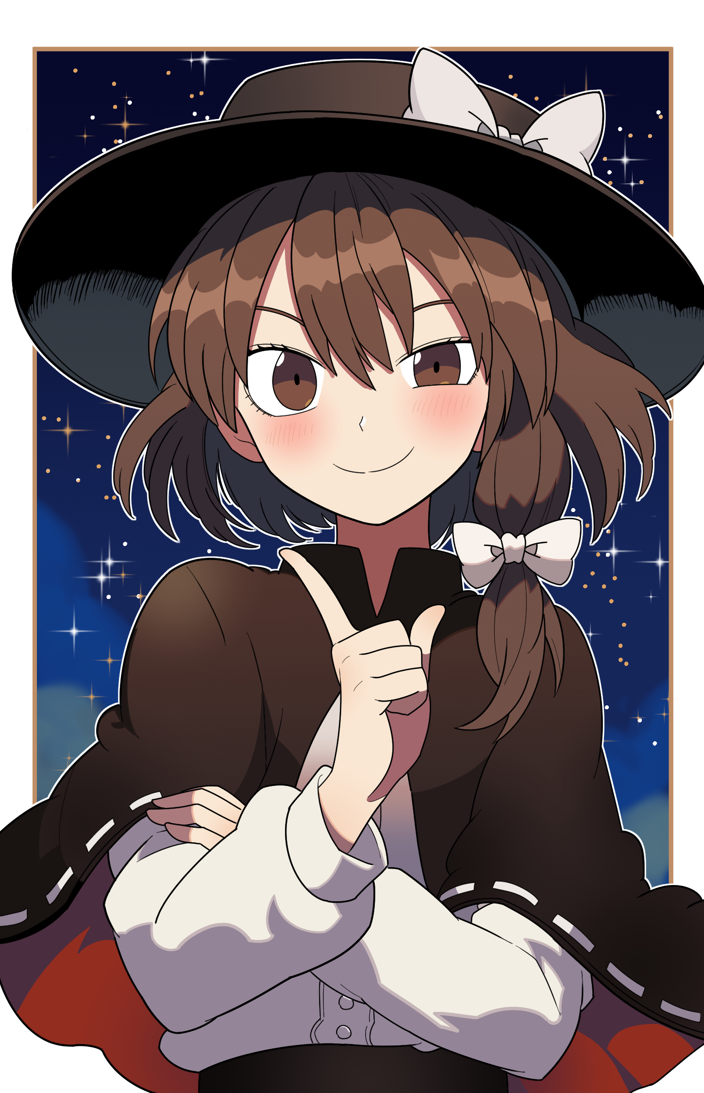 bollzzalguy, usami renko, touhou, commentary, highres, 1girl, black capelet, black hat, black skirt, blush, bow, brown eyes, brown hair, capelet, closed mouth, hat, hat bow, long sleeves, looking at viewer, night, ribbon-trimmed capelet, ribbon trim, shirt, shirt tucked in, skirt, sky, smile, solo, star (sky), white bow, white shirt