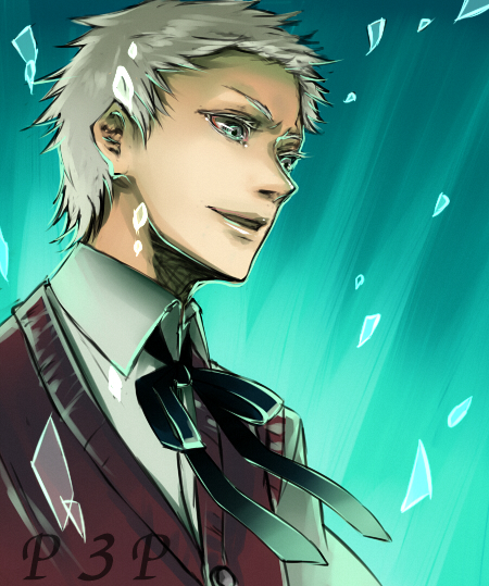 mishina mattariino, mishina nao, sanada akihiko, atlus, persona, persona 3, bad id, bad pixiv id, 1boy, male focus, school uniform, short hair, smile, solo, white hair