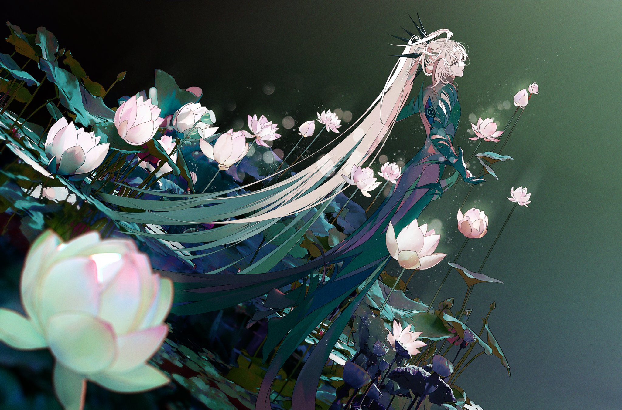 secondterra, ainchase ishmael, herrscher (elsword), elsword, commentary request, highres, korean commentary, 1boy, absurdly long hair, ahoge, colored inner hair, dutch angle, floating, flower, green hair, grey hair, half-closed eyes, hole in chest, hole on body, hollow body, light particles, long hair, looking at viewer, male focus, multicolored hair, outstretched arms, ponytail, solo, two-tone hair, unraveling, very long hair, water, water lily flower, white flower