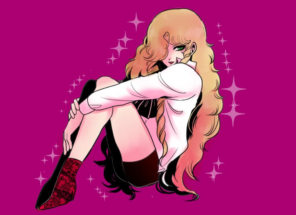 maraich juschenfe, patalliro!, commentary request, 1boy, ankle boots, ascot, black ascot, black shorts, blonde hair, boots, closed mouth, collared shirt, from side, full body, green eyes, hair over one eye, high heel boots, high heels, hugging own legs, knees up, leaning back, light smile, long bangs, long hair, long sleeves, looking at viewer, male focus, pale skin, parted bangs, pink background, pink boots, pink lips, print boots, shirt, short shorts, shorts, sideways glance, simple background, solo, sparkle, trap, v-shaped eyebrows, very long hair, wavy hair, white shirt, yamada marie