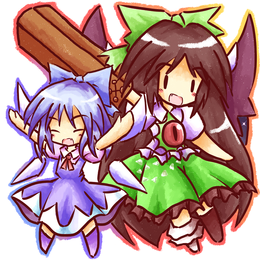 tilde (ice cube), cirno, reiuji utsuho, touhou, bad id, bad pixiv id, metadata reference, 2girls, arm cannon, black hair, blue hair, blush stickers, closed eyes, fang, multiple girls, weapon, wings