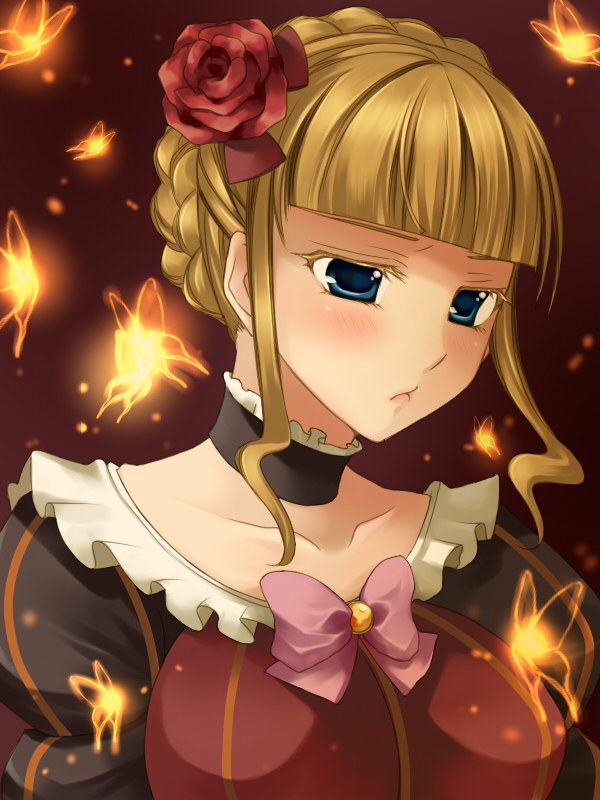 erika (mare serenitatis), beatrice (umineko), umineko no naku koro ni, bad id, bad pixiv id, 00s, 1girl, blonde hair, blue eyes, blush, bow, bug, butterfly, choker, dress, female focus, flower, hair flower, hair ornament, insect, pink bow, pout, rose, solo