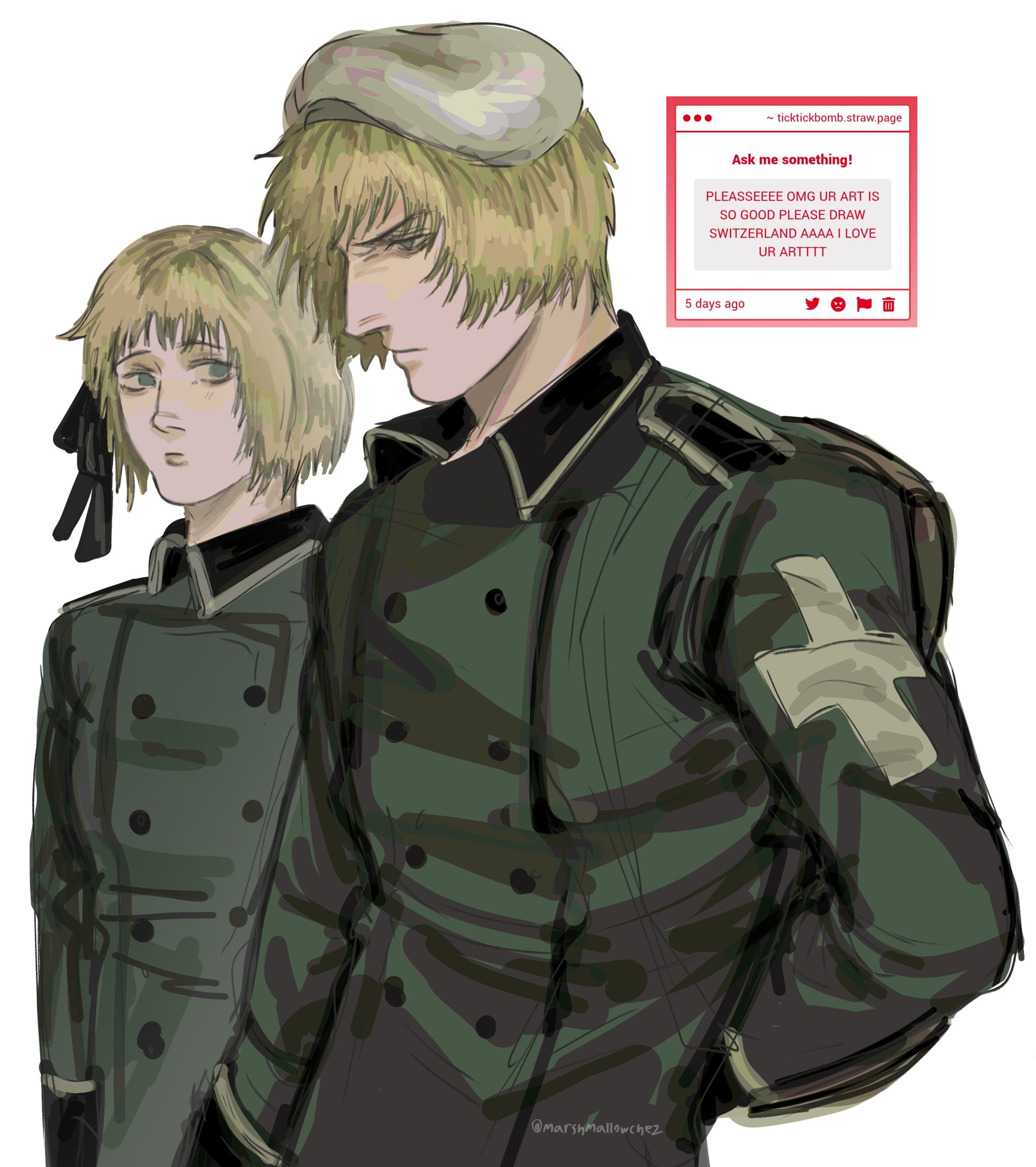 liechtenstein (hetalia), switzerland (hetalia), axis powers hetalia, commentary, english commentary, highres, 1boy, 1girl, arm behind back, artist name, beret, black gloves, black ribbon, blonde hair, brother and sister, buttons, closed mouth, collared jacket, cross, cross print, gee (marshmallowchez), gloves, green eyes, green jacket, hair ribbon, hat, jacket, long sleeves, looking at another, looking to the side, military, military hat, military jacket, military uniform, request inset, ribbon, short hair, siblings, simple background, upper body, v-shaped eyebrows, white background, white hat