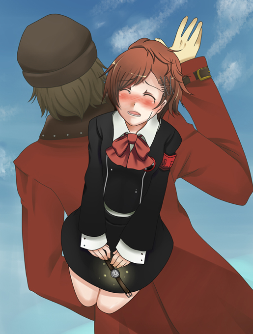 aikawa kyou, aragaki shinjirou, shiomi kotone, atlus, persona, persona 3, persona 3 portable, bad id, bad pixiv id, 1boy, 1girl, bad end, closed eyes, hair ornament, hairclip, red hair, school uniform, tears, watch, wristwatch