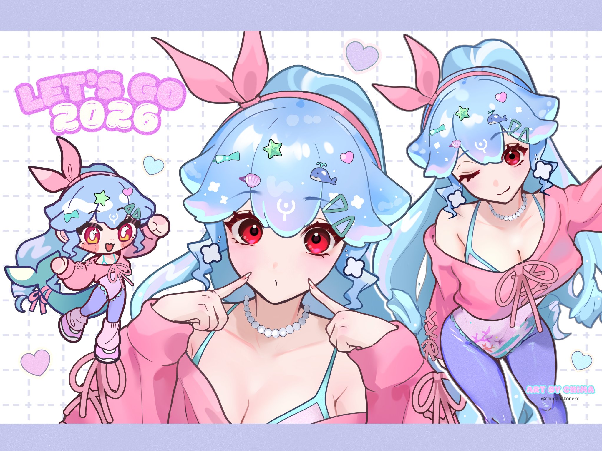 chimanakoneko, bao the whale, indie virtual youtuber, highres, 1girl, blue hair, breasts, cetacean tail, cleavage, fins, fish tail, one eye closed, pearl choker, pink sweater, pointing, pointing at self, red eyes, spandex, sweater, tail, thighs, virtual youtuber, whale girl