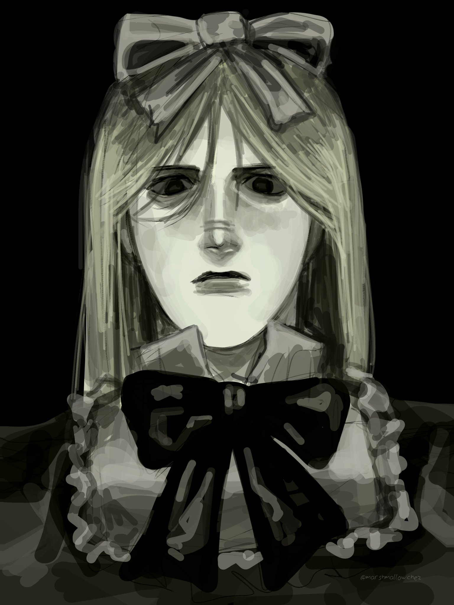 belarus (hetalia), axis powers hetalia, highres, 1girl, artist name, black background, bow, bowtie, closed mouth, collared dress, dress, empty eyes, frills, gee (marshmallowchez), greyscale, hair between eyes, hair bow, lips, long hair, looking at viewer, monochrome, simple background, solo, upper body